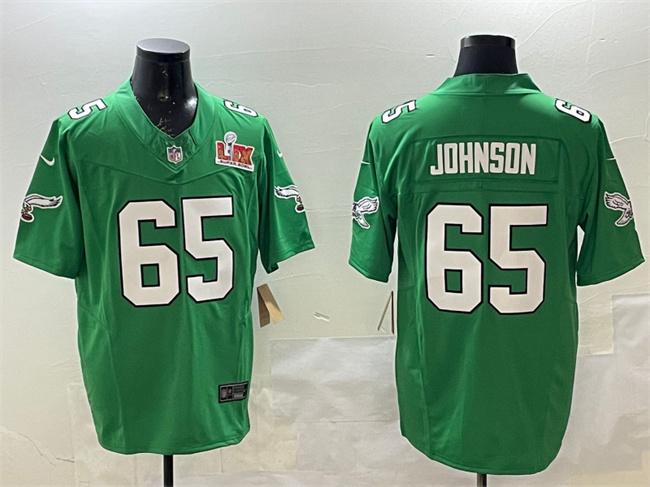 Men's Green Philadelphia Eagles #65 Lane Johnson 2025 Super Bowl LIX Patch F.U.S.E. Throwback Vapor Untouchable Limited Stitched Football Jersey